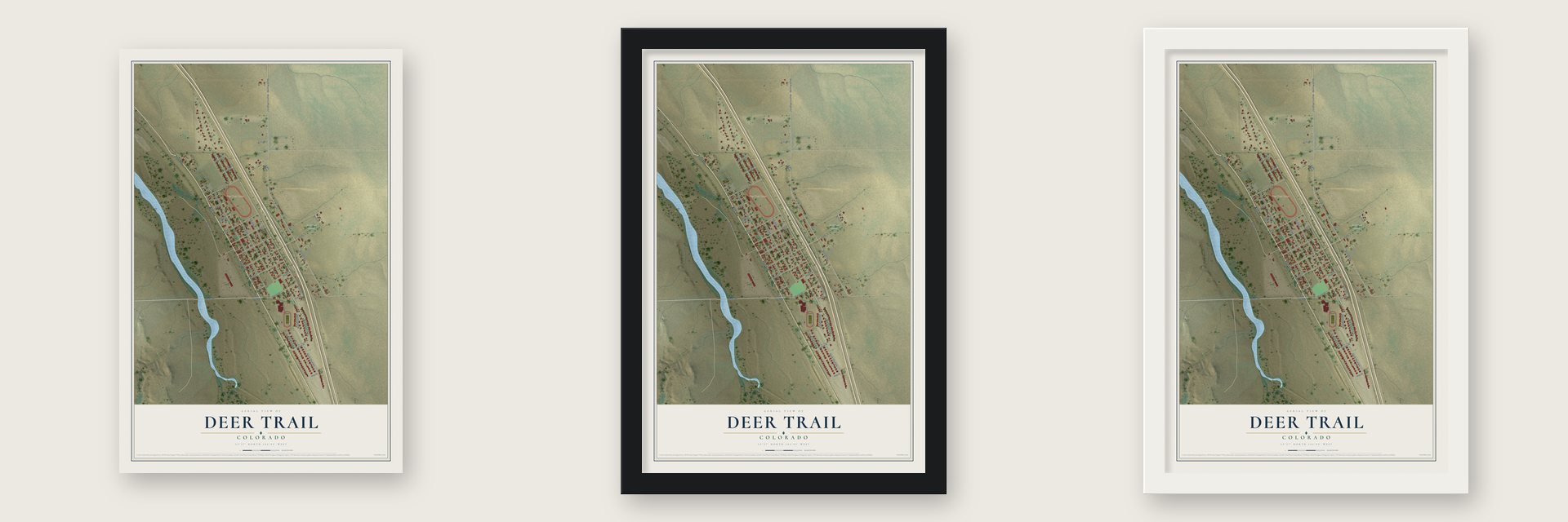 Deer Trail, Colorado map unframed, in a black wood frame and in a white wood frame
