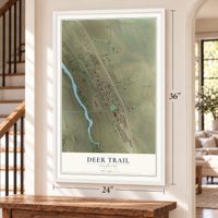 Deer Trail, Colorado map, 24 x 36 inch print in a white frame by a staircase