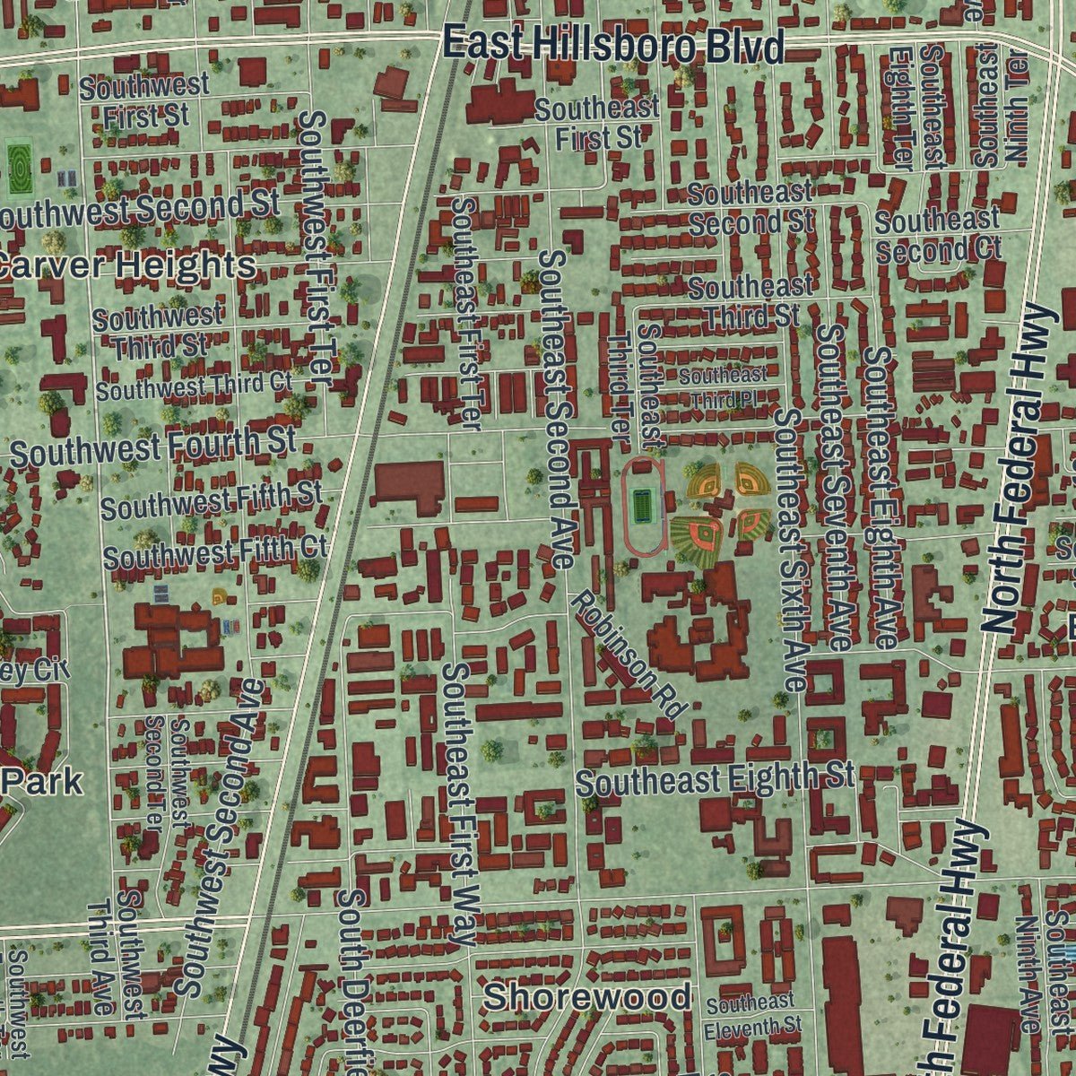 Second close-up of the map of Deerfield Beach, Florida print showing more streets and buildings