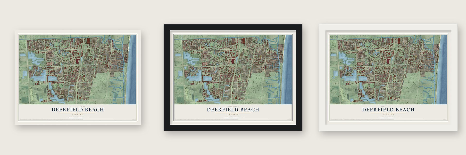 Deerfield Beach, Florida map unframed, in a black wood frame and in a white wood frame