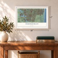 Deerfield Beach, Florida map, 12 x 18 inch print in a white frame in an entryway