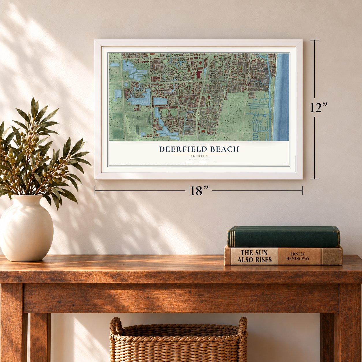 Deerfield Beach, Florida map, 12 x 18 inch print in a white frame in an entryway