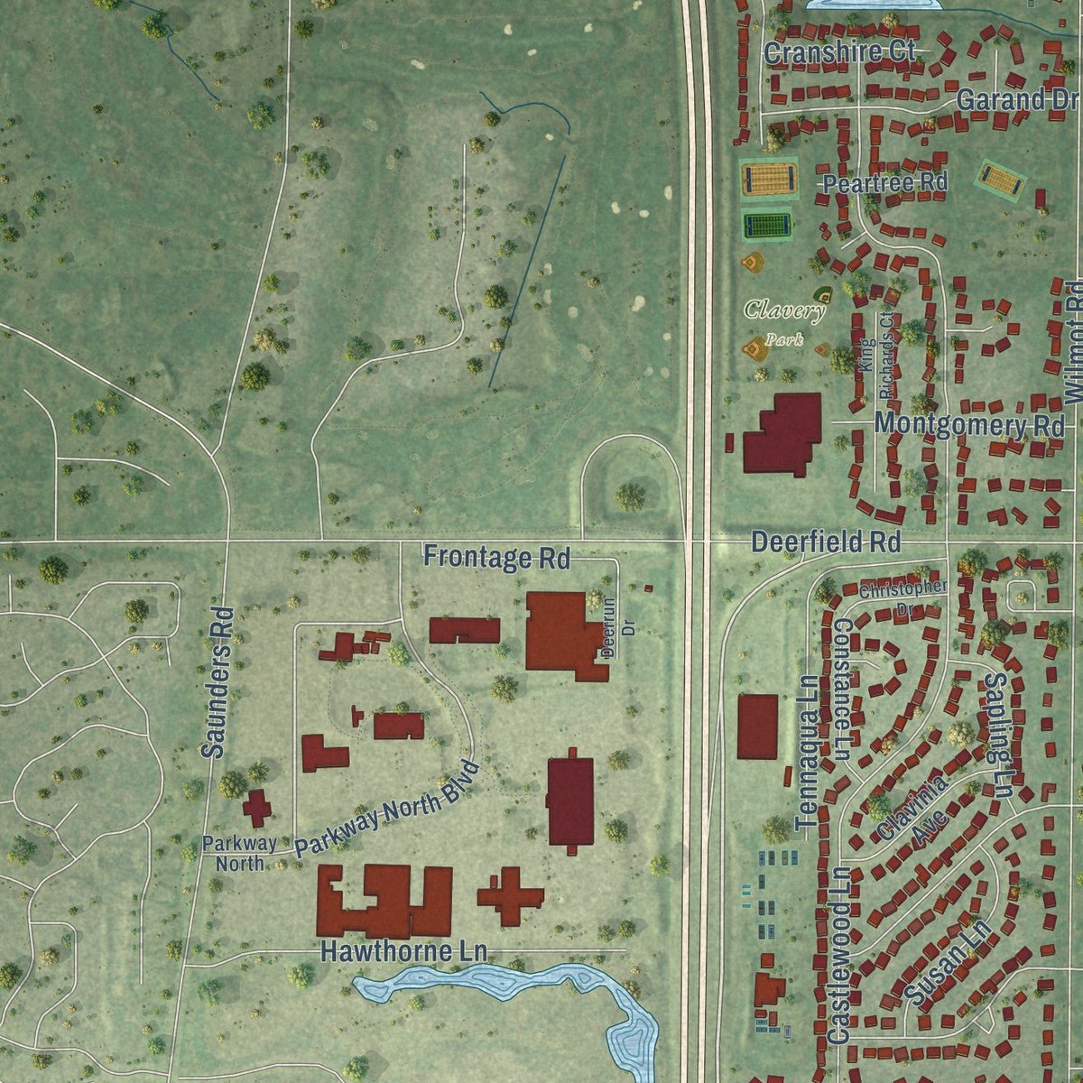 Second close-up of the map of Deerfield, Illinois print showing more streets and buildings