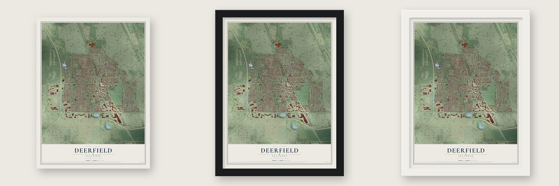 Deerfield, Illinois map unframed, in a black wood frame and in a white wood frame