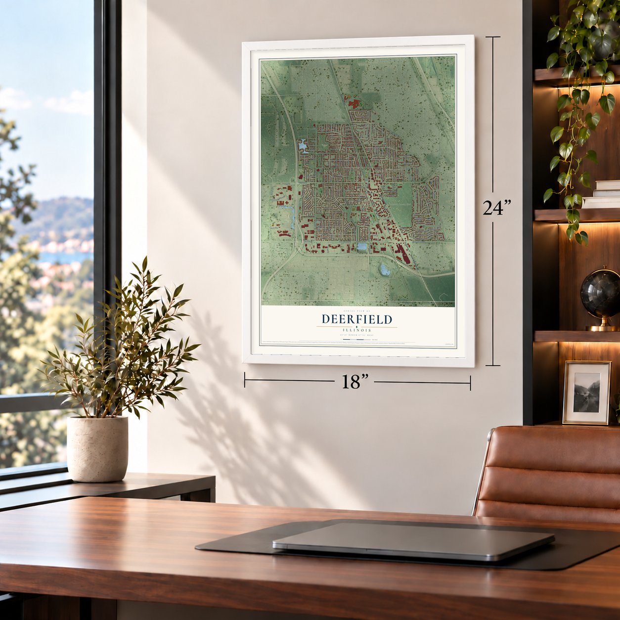 Deerfield, Illinois map, 18 x 24 inch print in a white frame in a home office