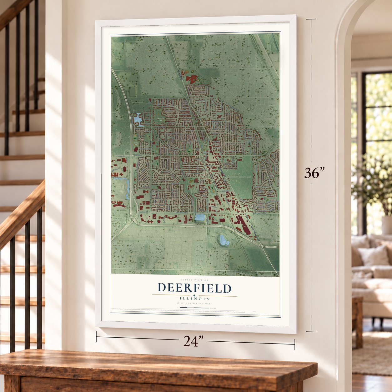 Deerfield, Illinois map, 24 x 36 inch print in a white frame by a staircase