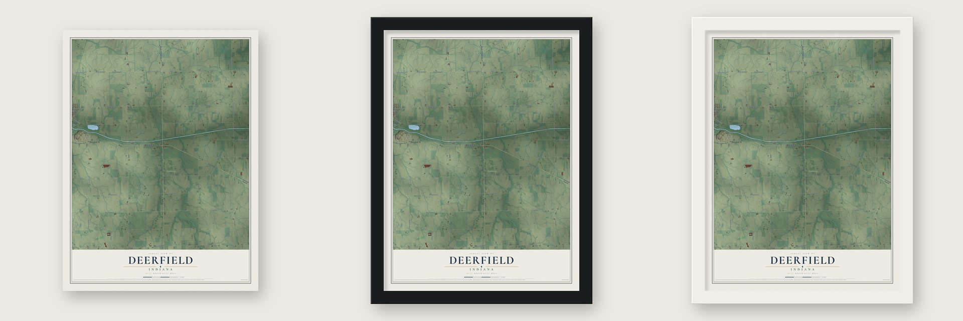 Deerfield, Indiana map unframed, in a black wood frame and in a white wood frame
