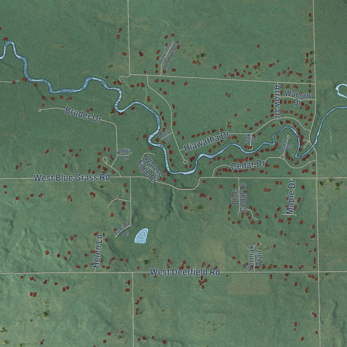 Second close-up of the map of Deerfield, Isabella County, Michigan print showing more streets and buildings