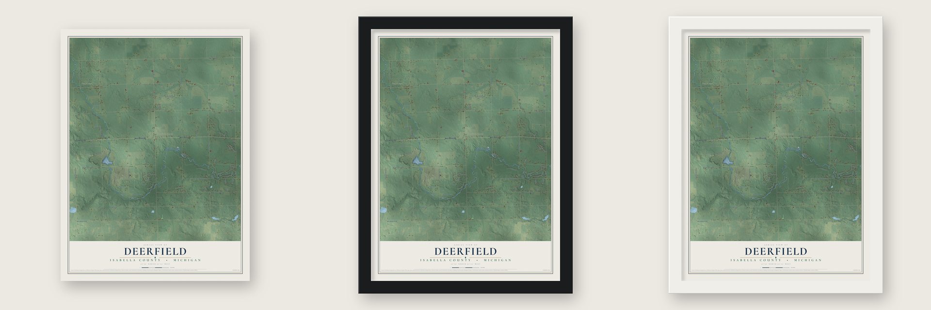 Deerfield, Isabella County, Michigan map unframed, in a black wood frame and in a white wood frame