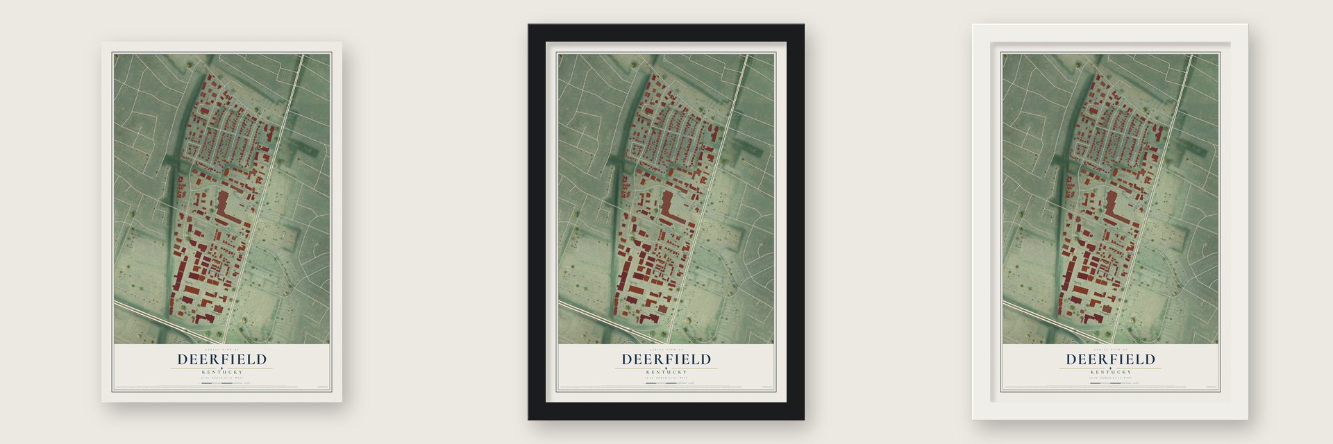 Deerfield, Kentucky map unframed, in a black wood frame and in a white wood frame