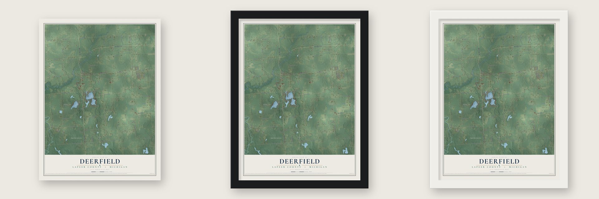 Deerfield, Lapeer County, Michigan map unframed, in a black wood frame and in a white wood frame