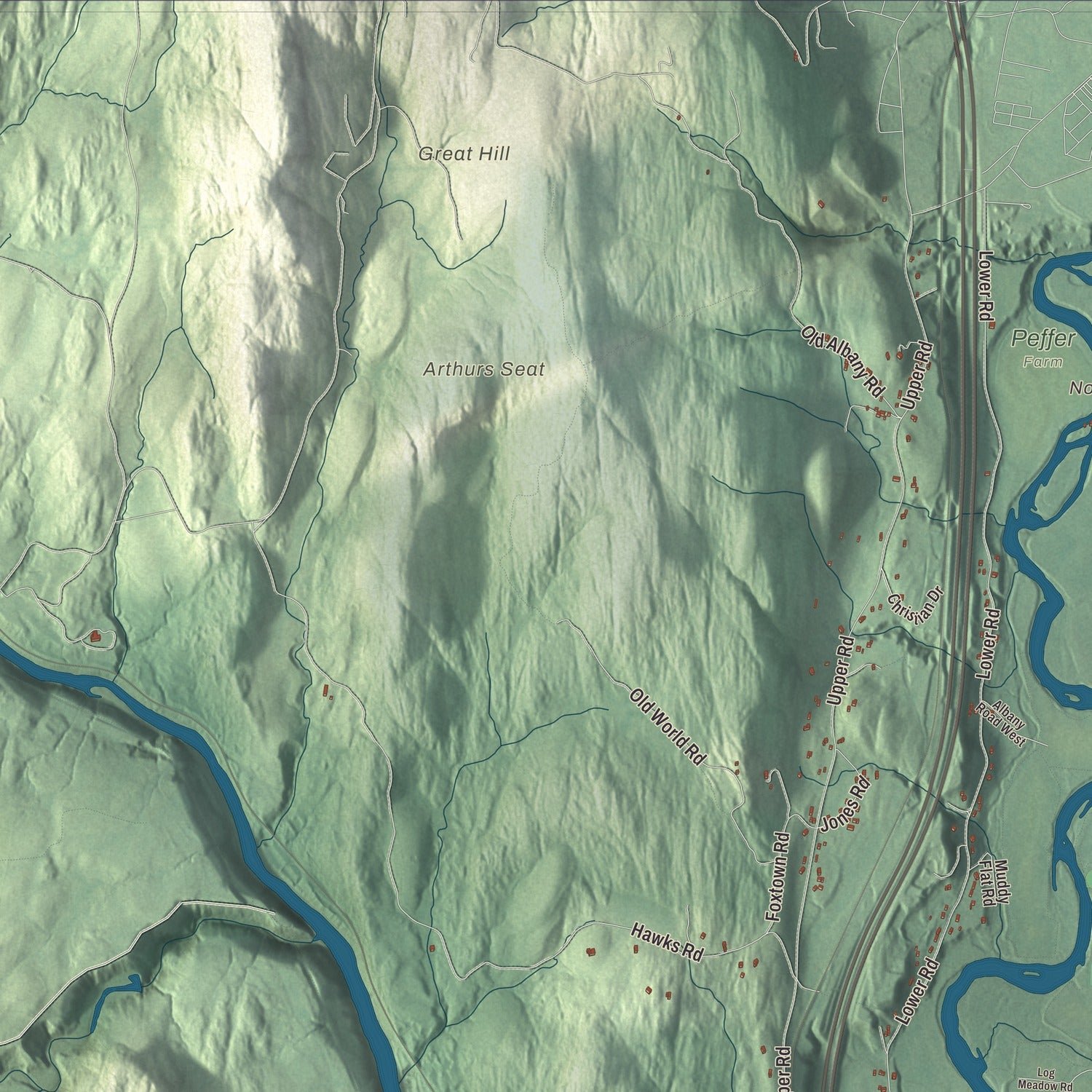 Close-up of the map of Deerfield, Massachusetts print showing terrain and local geography