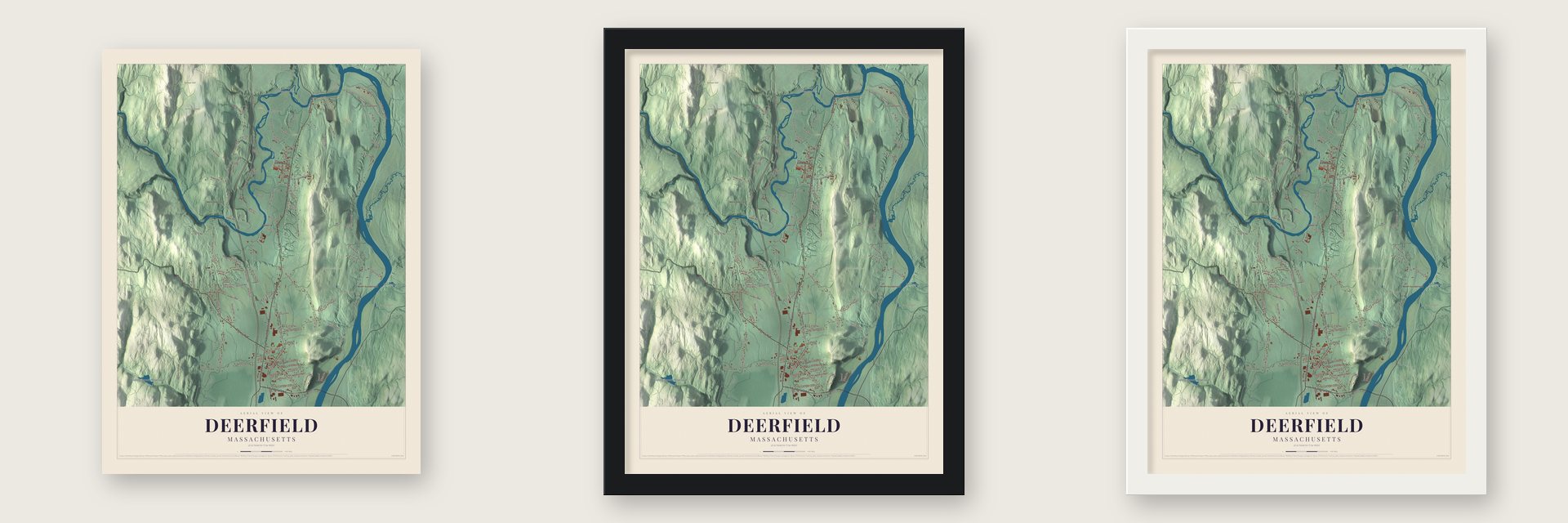 Deerfield, Massachusetts map unframed, in a black wood frame and in a white wood frame
