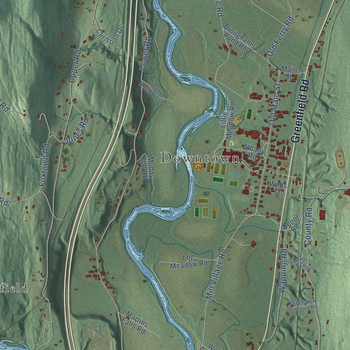 Second close-up of the map of Deerfield, Massachusetts print showing more streets and buildings