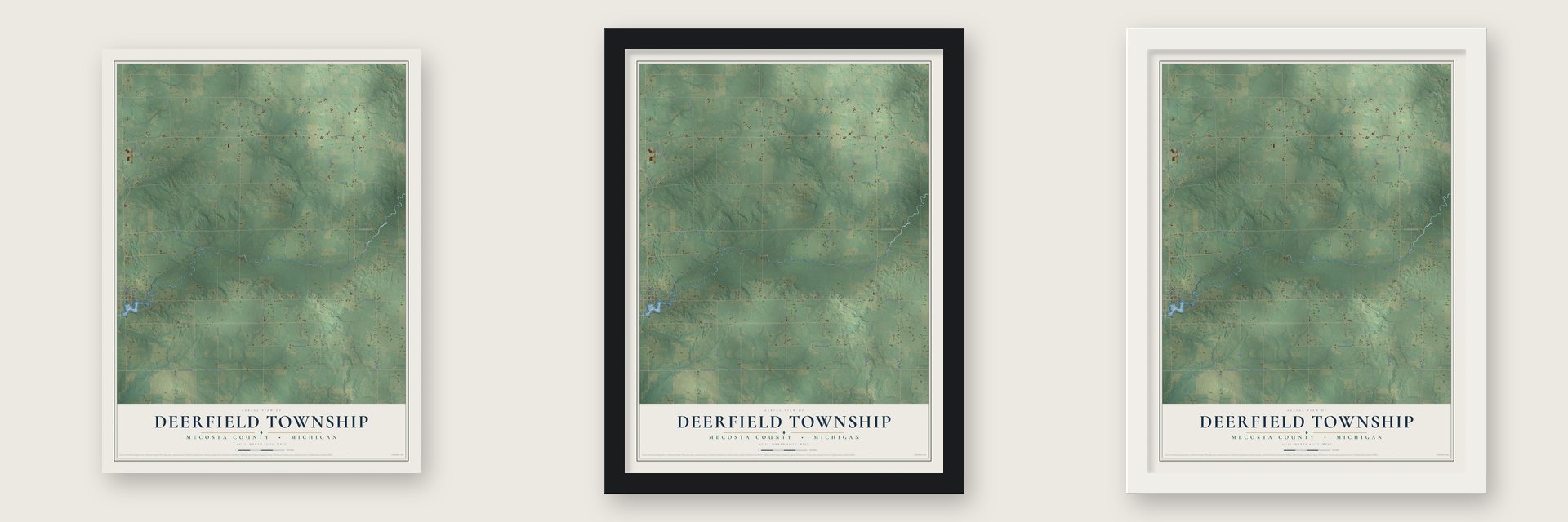 Deerfield Township, Mecosta County, Michigan map unframed, in a black wood frame and in a white wood frame