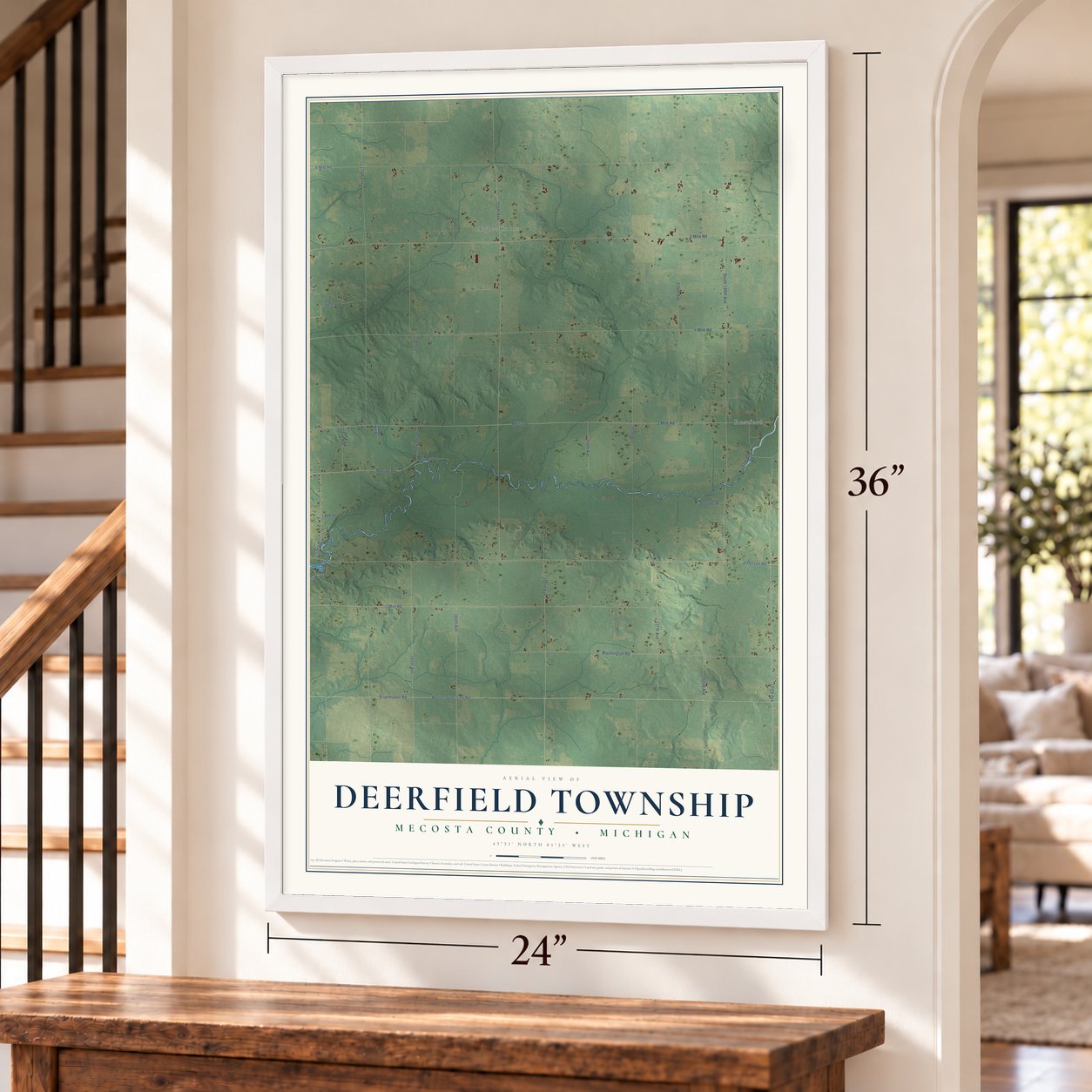 Deerfield Township, Mecosta County, Michigan map, 24 x 36 inch print in a white frame by a staircase