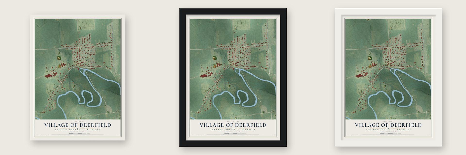 Deerfield, Michigan map unframed, in a black wood frame and in a white wood frame