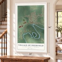 Deerfield, Michigan map, 24 x 36 inch print in a white frame by a staircase