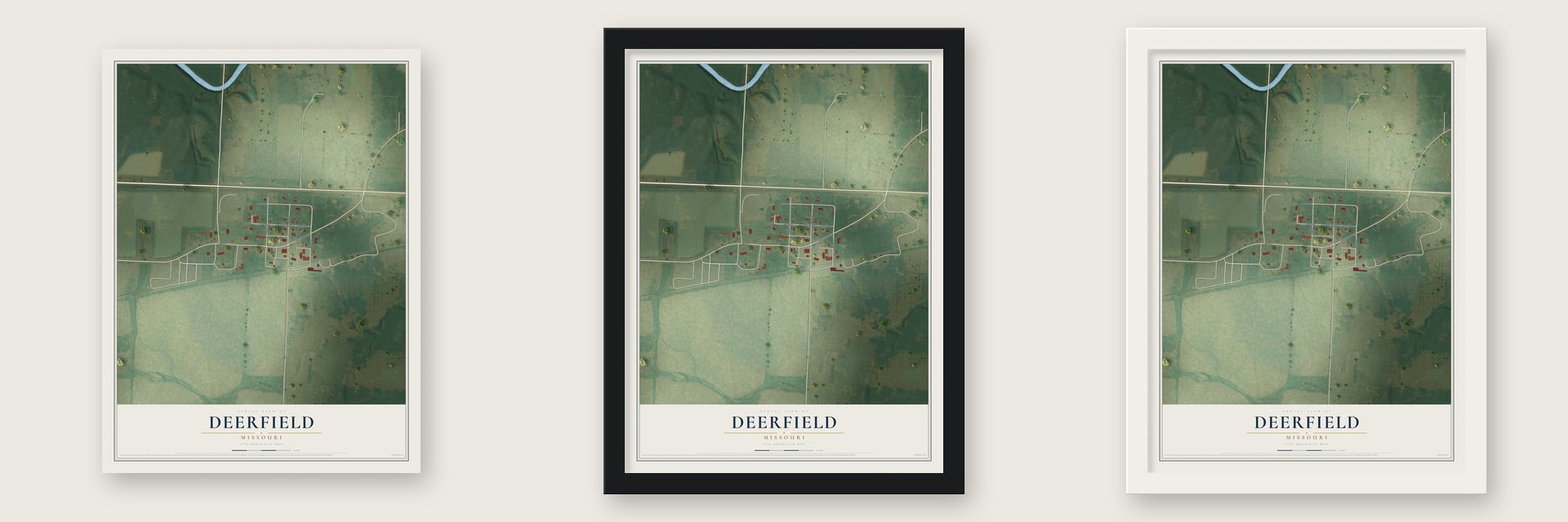 Deerfield, Missouri map unframed, in a black wood frame and in a white wood frame
