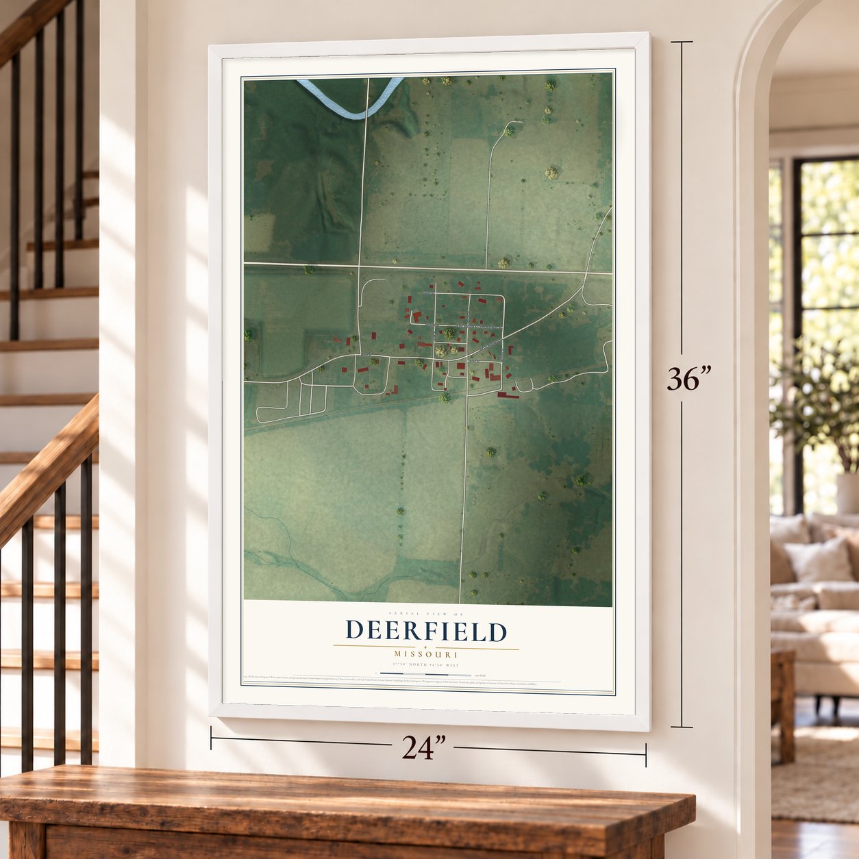 Deerfield, Missouri map, 24 x 36 inch print in a white frame by a staircase