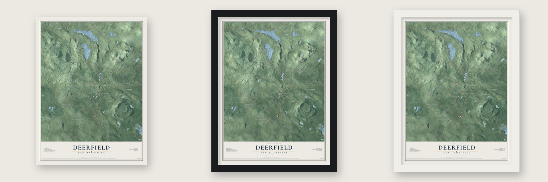 Deerfield, New Hampshire map unframed, in a black wood frame and in a white wood frame
