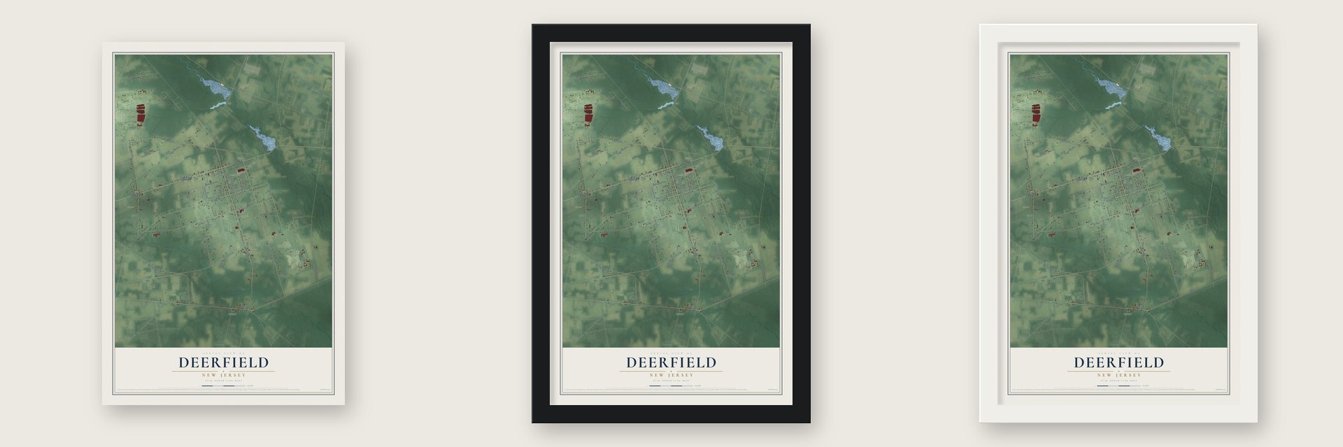 Deerfield, New Jersey map unframed, in a black wood frame and in a white wood frame