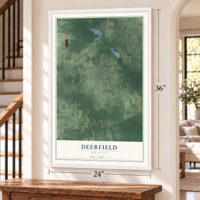 Deerfield, New Jersey map, 24 x 36 inch print in a white frame by a staircase