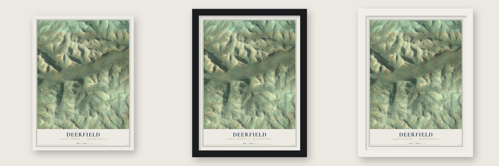 Deerfield, Tioga County, Pennsylvania map unframed, in a black wood frame and in a white wood frame