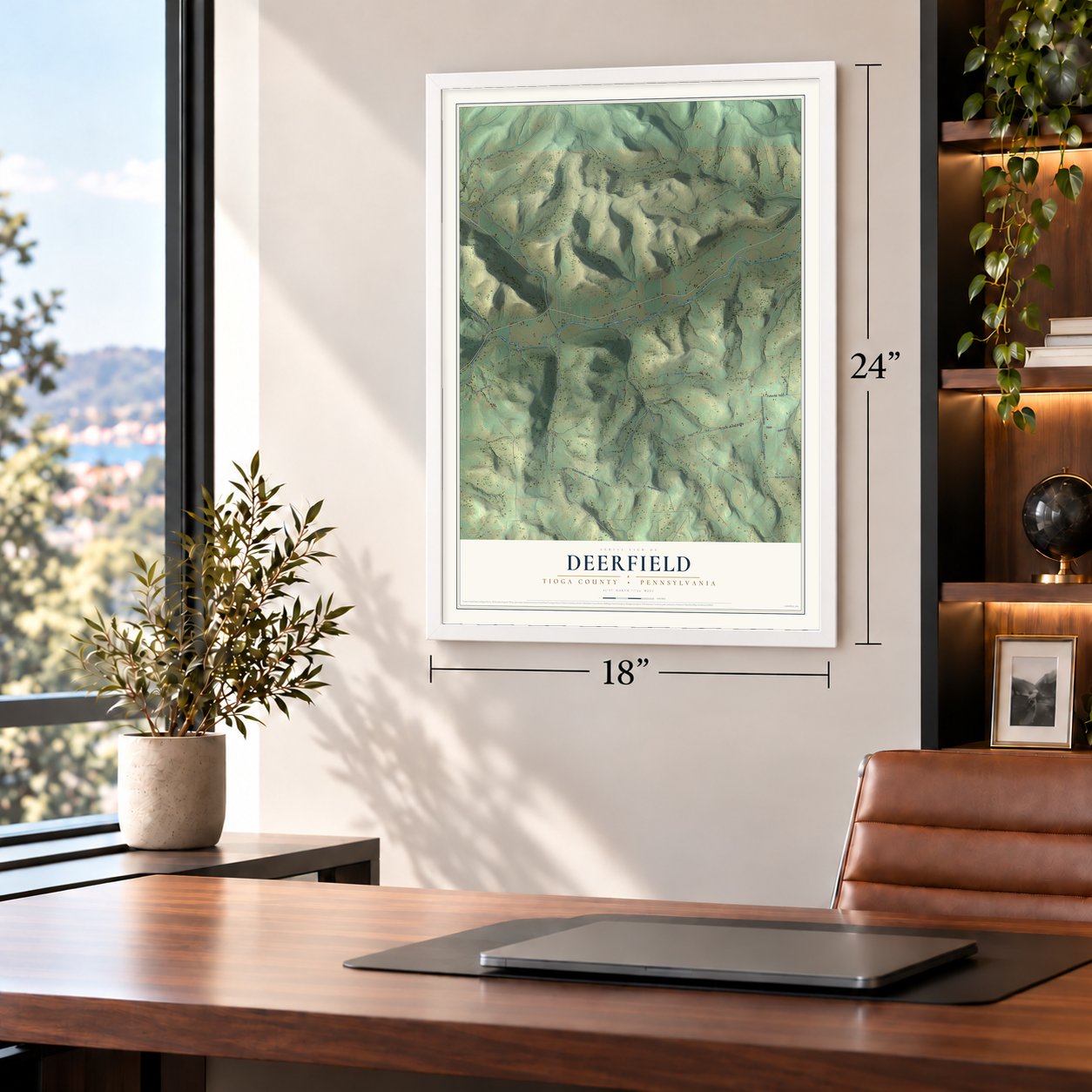 Deerfield, Tioga County, Pennsylvania map, 18 x 24 inch print in a white frame in a home office