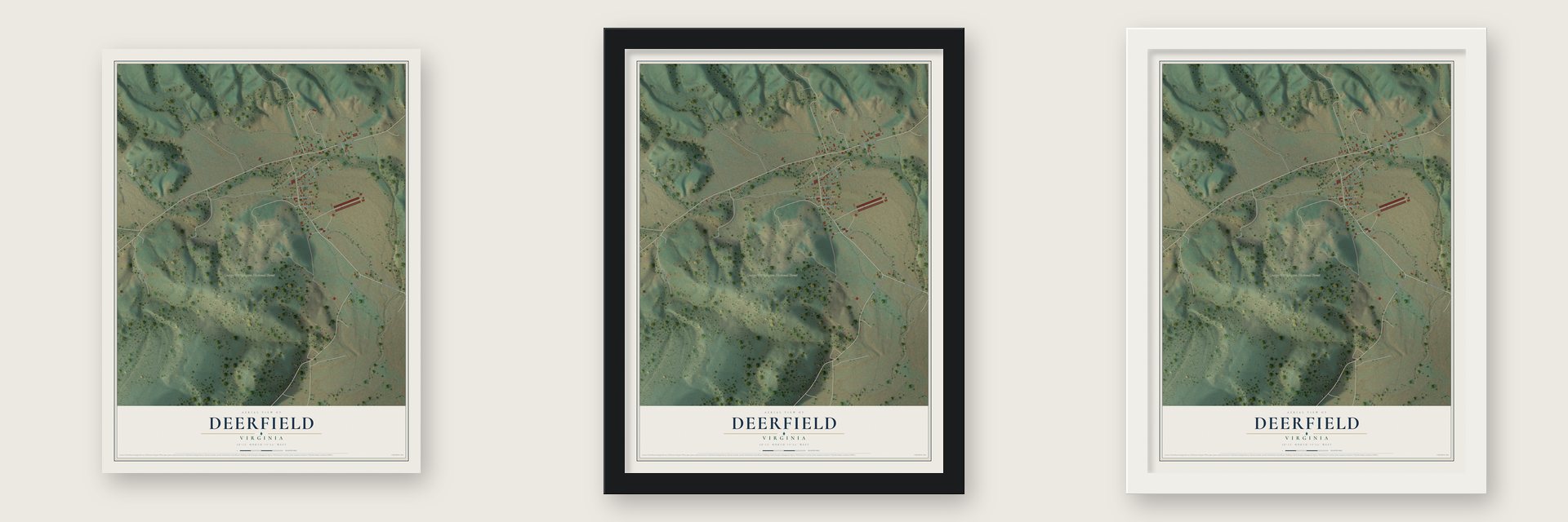 Deerfield, Virginia map unframed, in a black wood frame and in a white wood frame
