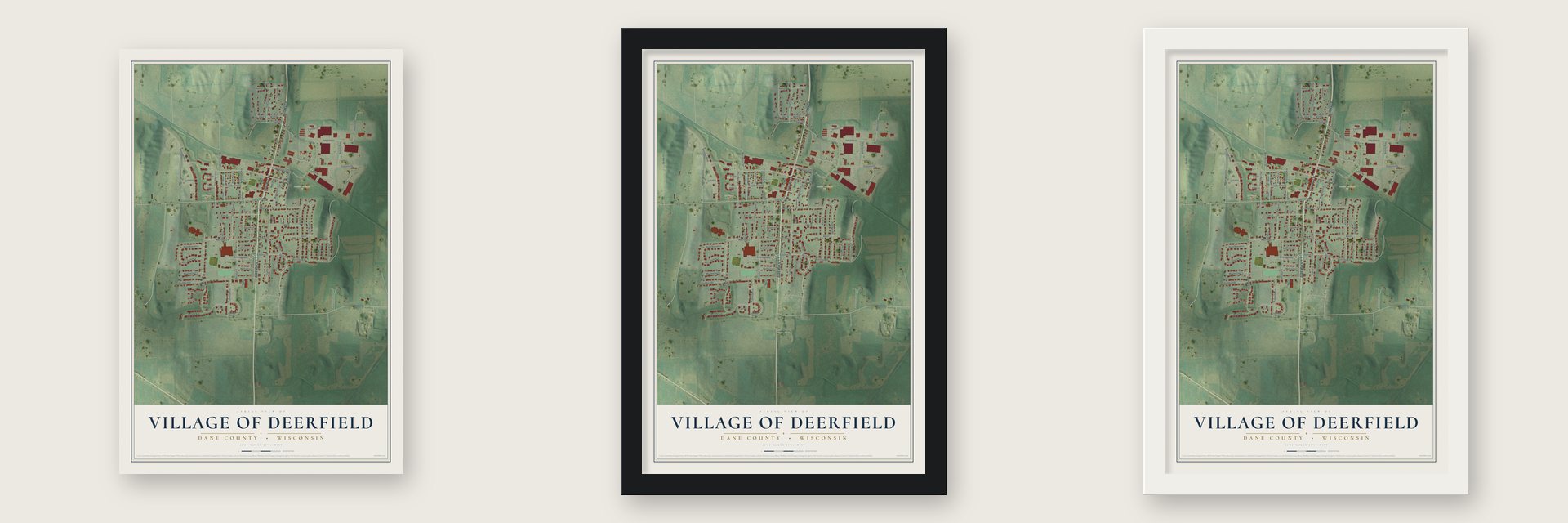 Deerfield, Wisconsin map unframed, in a black wood frame and in a white wood frame