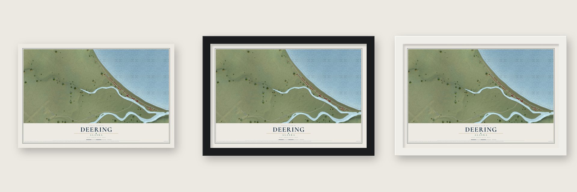 Deering, Alaska map unframed, in a black wood frame and in a white wood frame