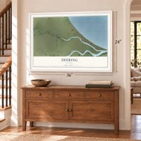 Deering, Alaska map, 24 x 36 inch print in a white frame above a dresser by a staircase