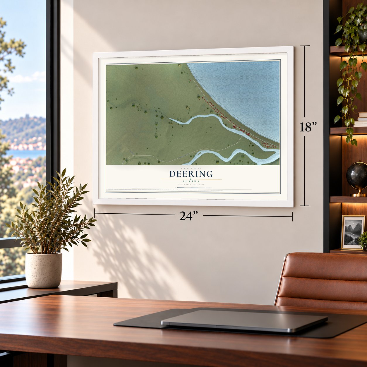 Deering, Alaska map, 18 x 24 inch print in a white frame in a home office