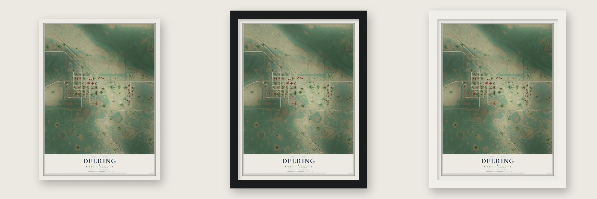Deering, North Dakota map unframed, in a black wood frame and in a white wood frame
