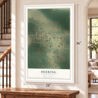 Deering, North Dakota map, 24 x 36 inch print in a white frame by a staircase