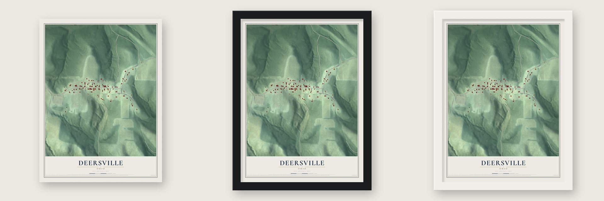 Deersville, Ohio map unframed, in a black wood frame and in a white wood frame