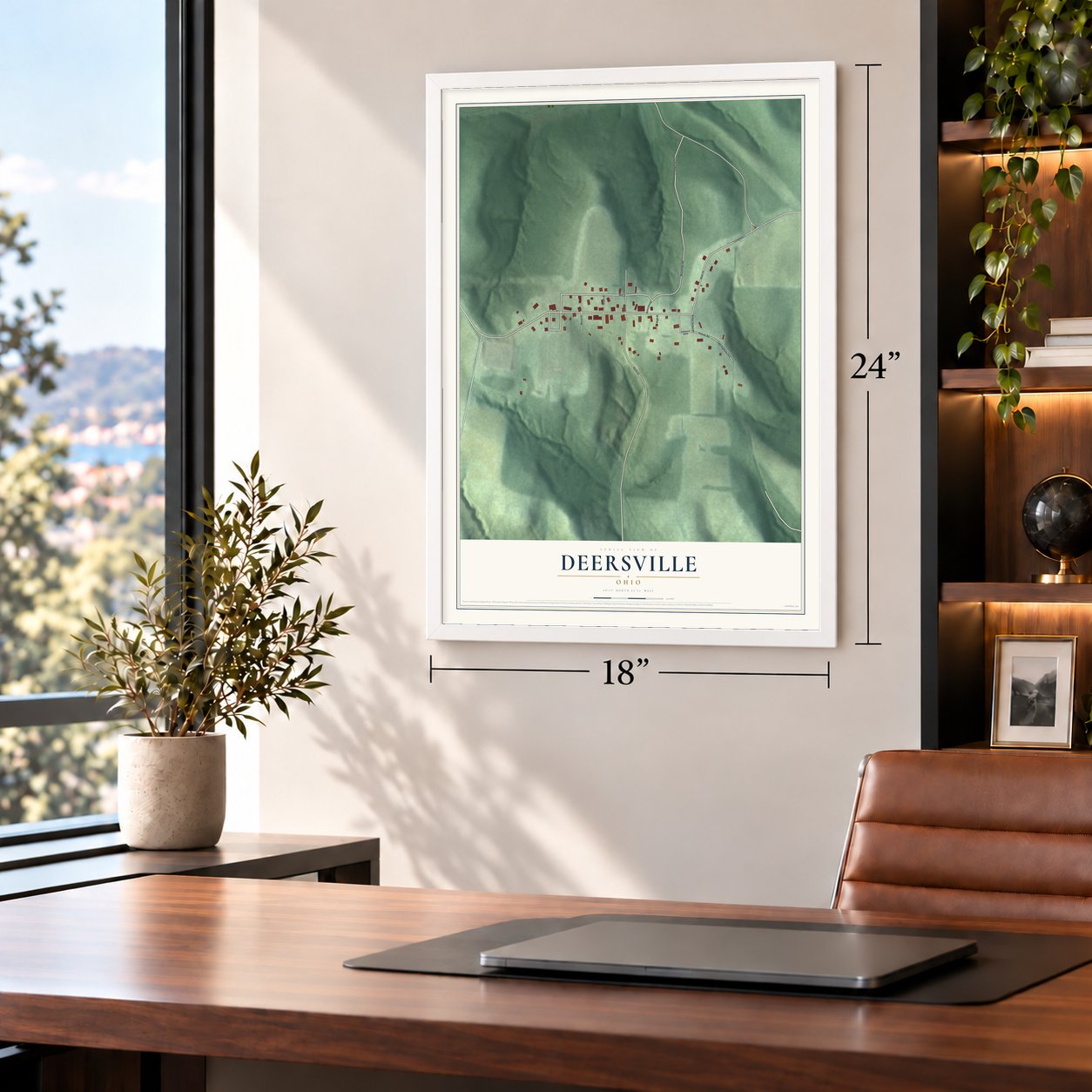 Deersville, Ohio map, 18 x 24 inch print in a white frame in a home office