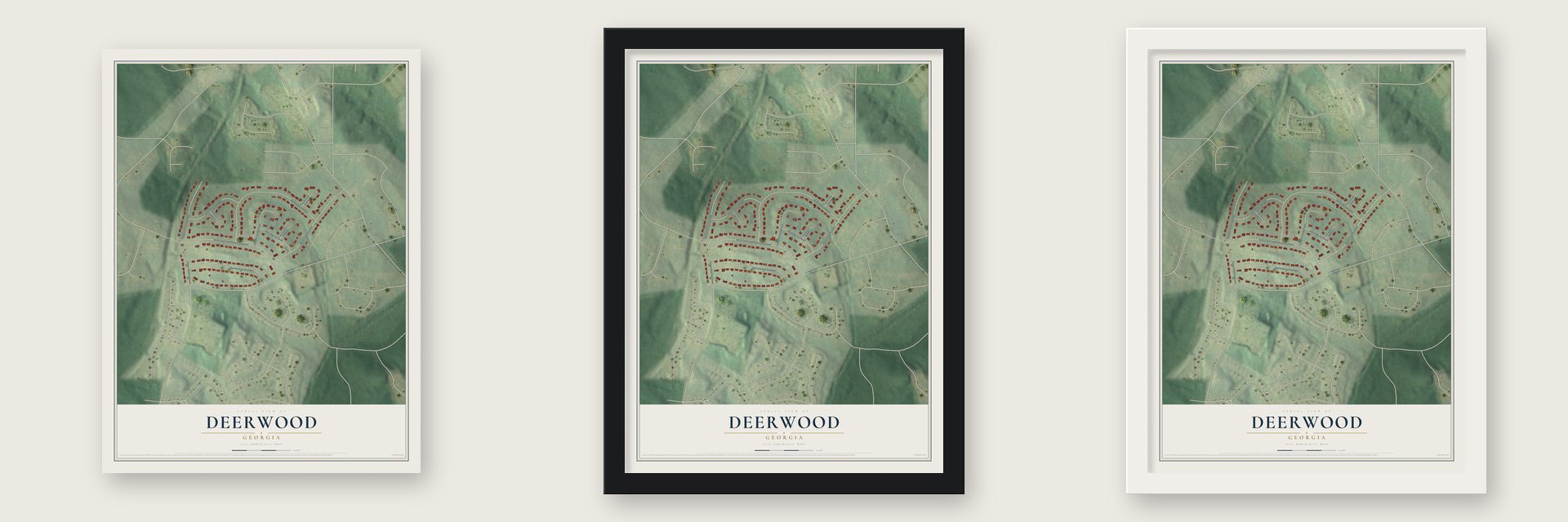 Deerwood, Georgia map unframed, in a black wood frame and in a white wood frame