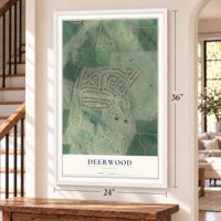 Deerwood, Georgia map, 24 x 36 inch print in a white frame by a staircase