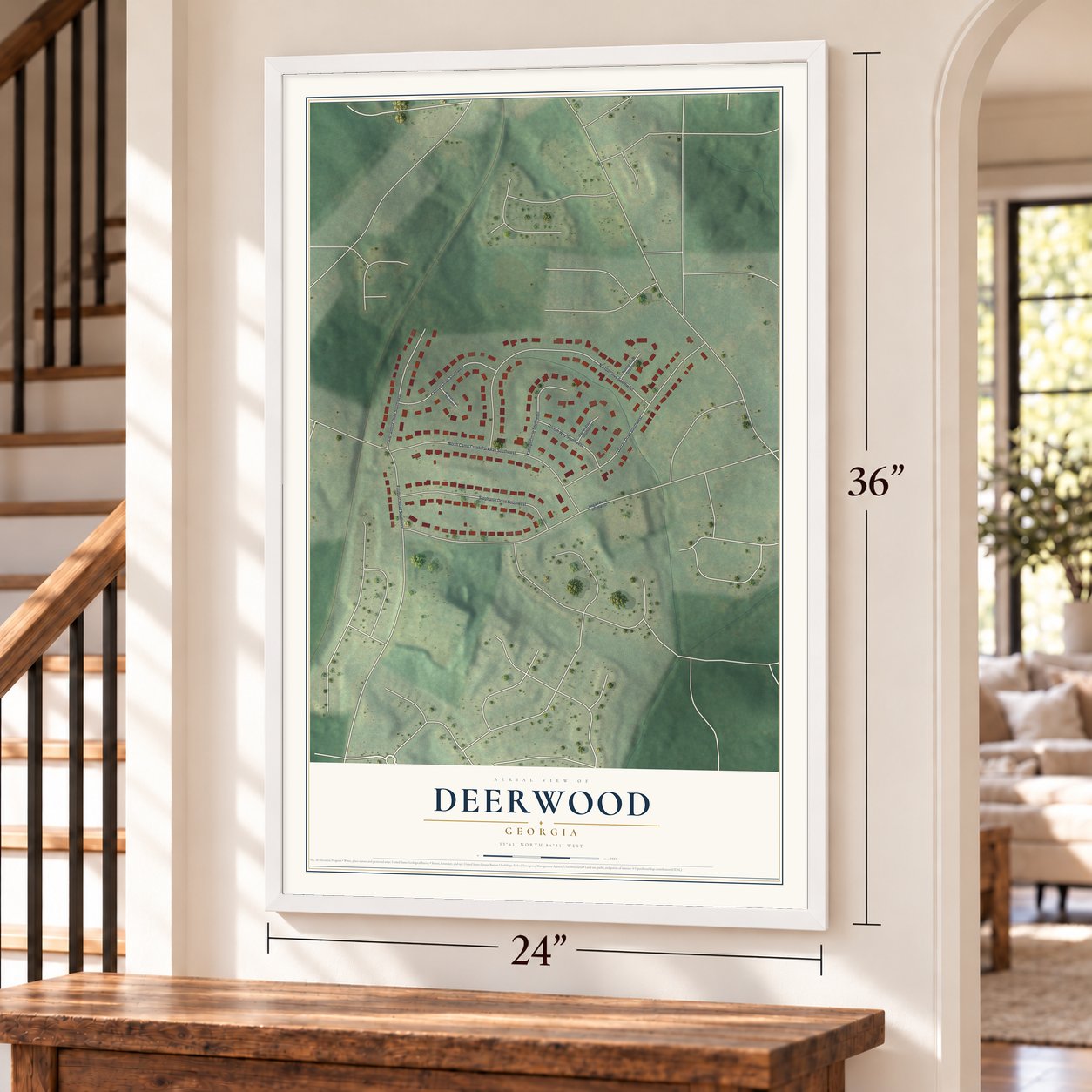 Deerwood, Georgia map, 24 x 36 inch print in a white frame by a staircase