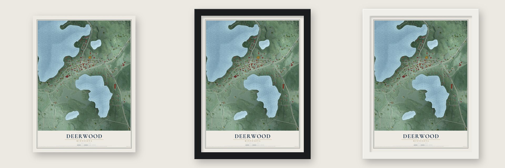 Deerwood, Minnesota map unframed, in a black wood frame and in a white wood frame