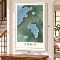 Deerwood, Minnesota map, 24 x 36 inch print in a white frame by a staircase