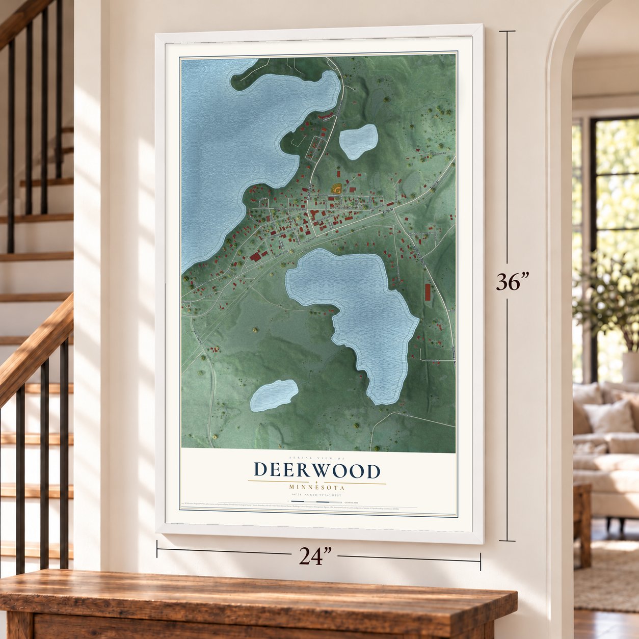 Deerwood, Minnesota map, 24 x 36 inch print in a white frame by a staircase