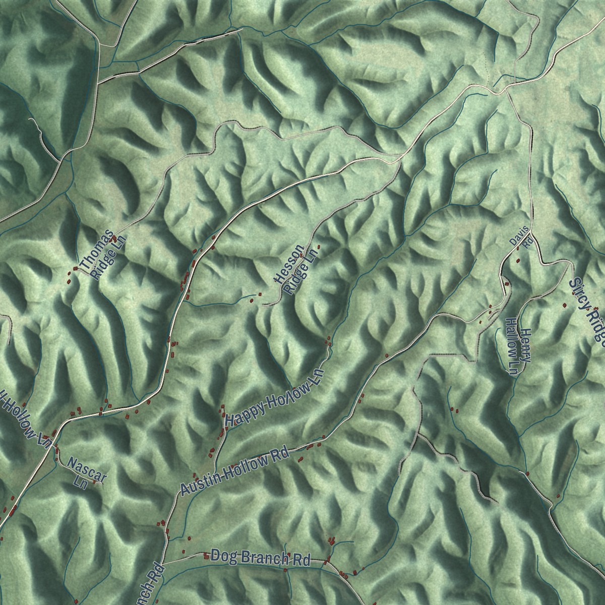 Second close-up of the map of Defeated, Tennessee print showing more streets and buildings