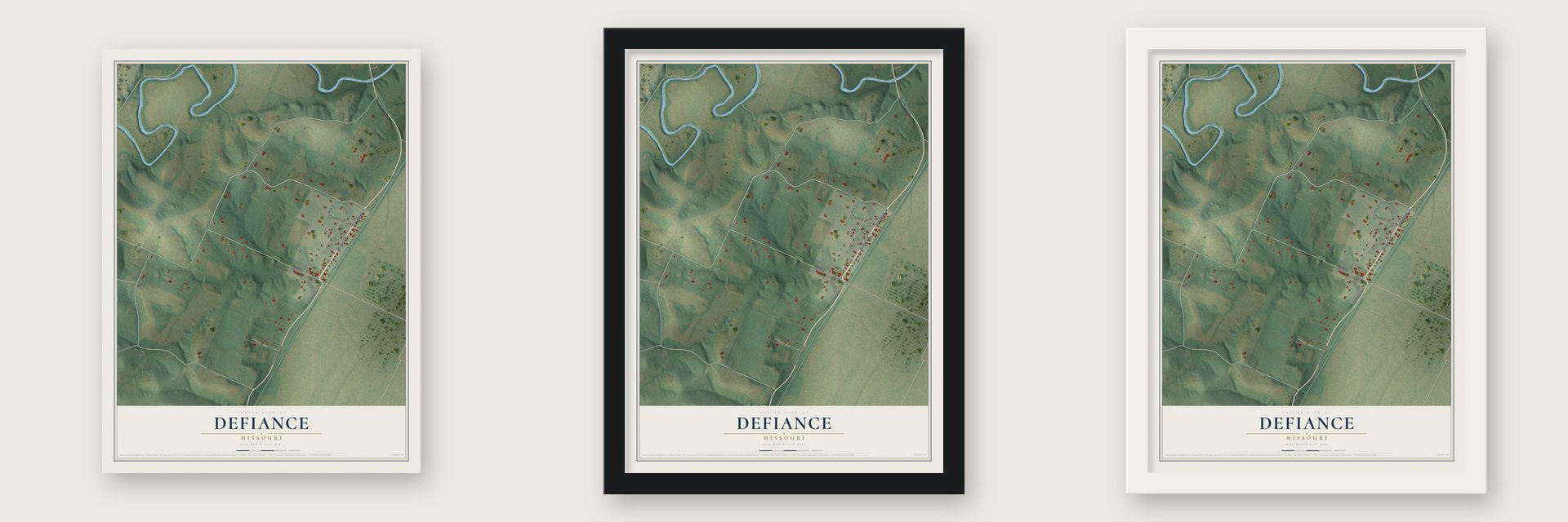 Defiance, Missouri map unframed, in a black wood frame and in a white wood frame