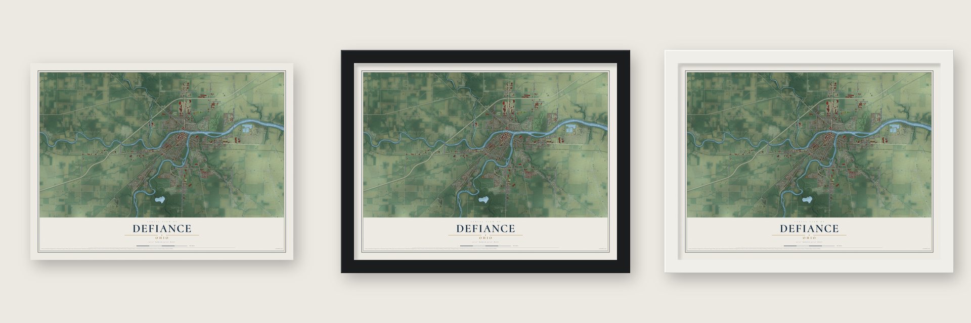 Defiance, Ohio map unframed, in a black wood frame and in a white wood frame