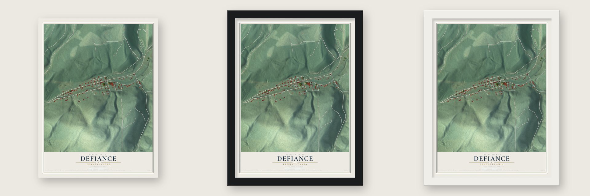 Defiance, Pennsylvania map unframed, in a black wood frame and in a white wood frame