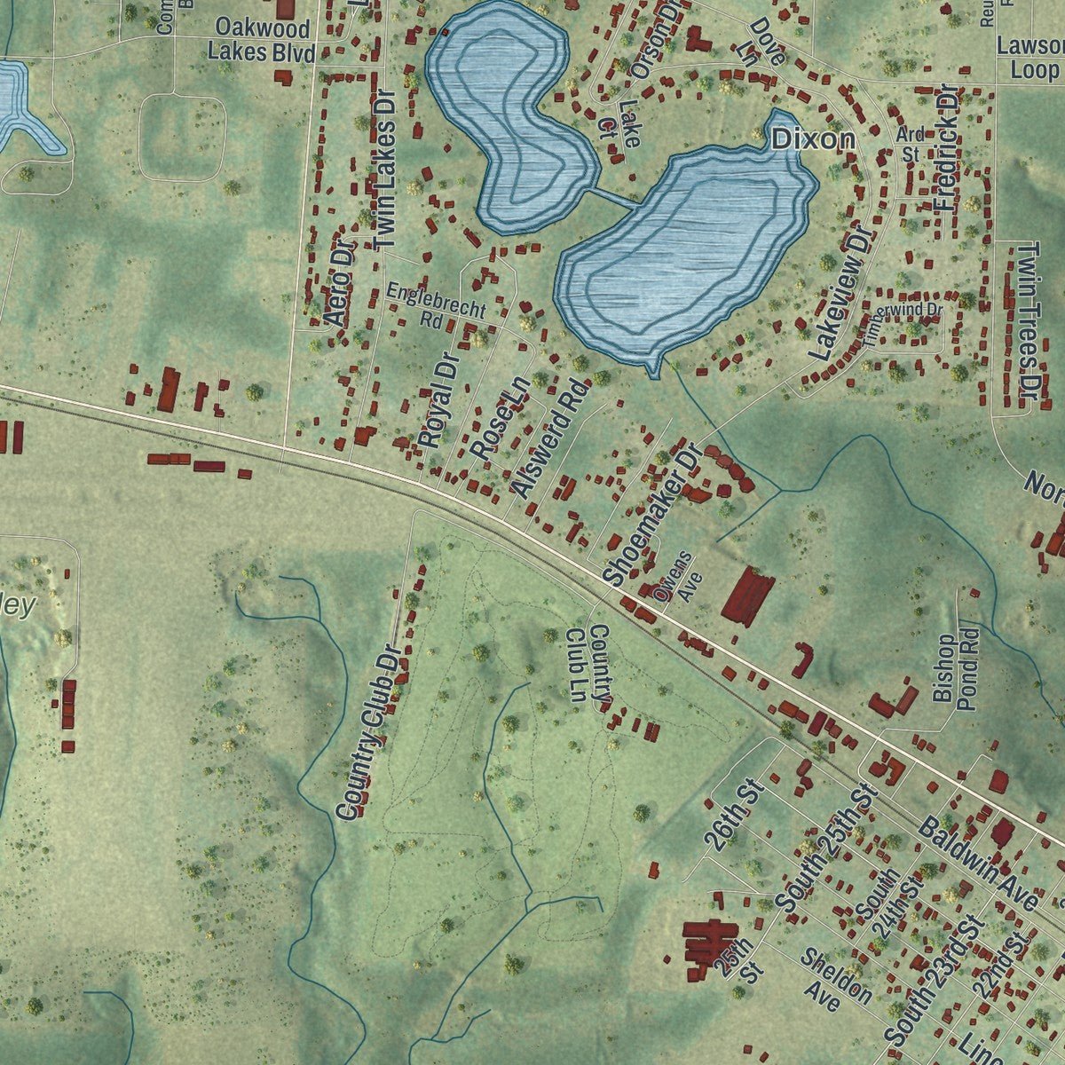 Second close-up of the map of DeFuniak Springs, Florida print showing more streets and buildings