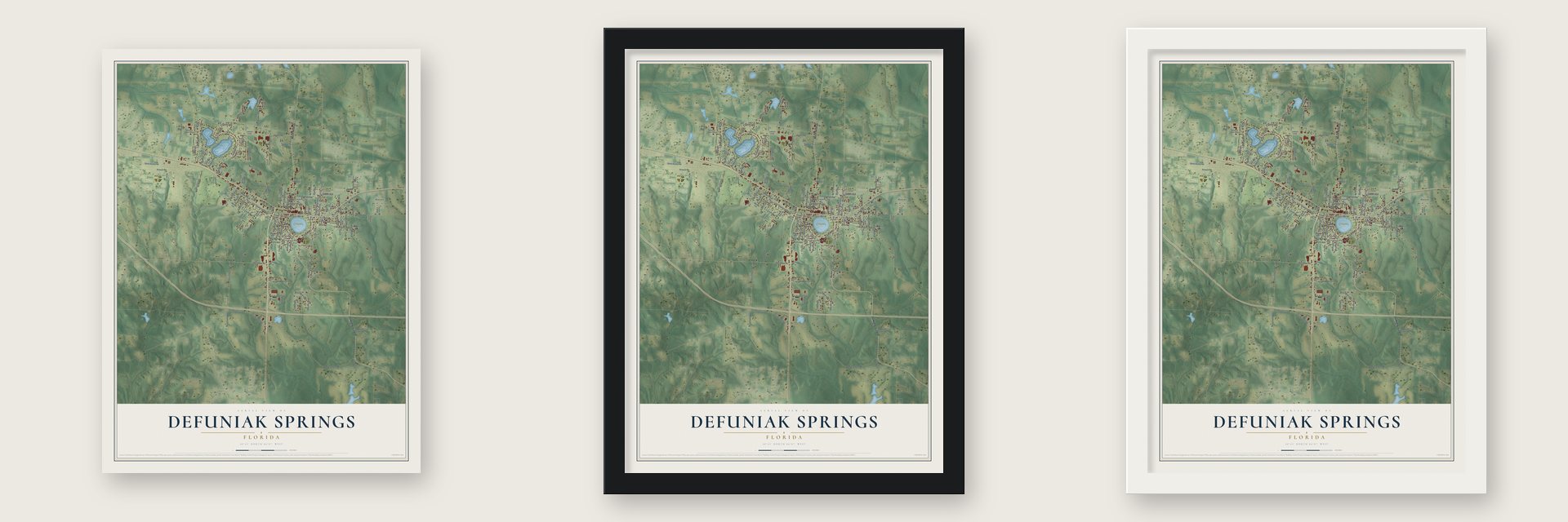 DeFuniak Springs, Florida map unframed, in a black wood frame and in a white wood frame